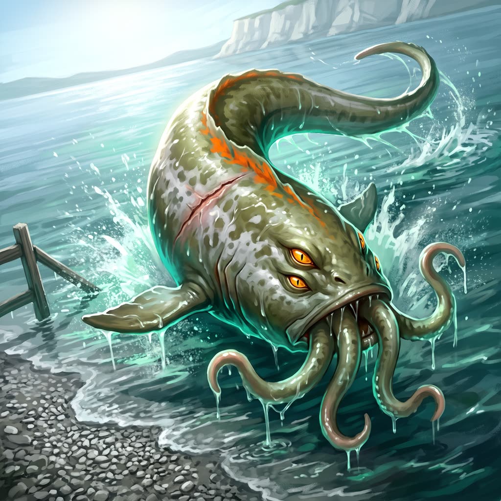 A twenty-foot olive green aboleth with six amber eyes lunges from shallow lake water.