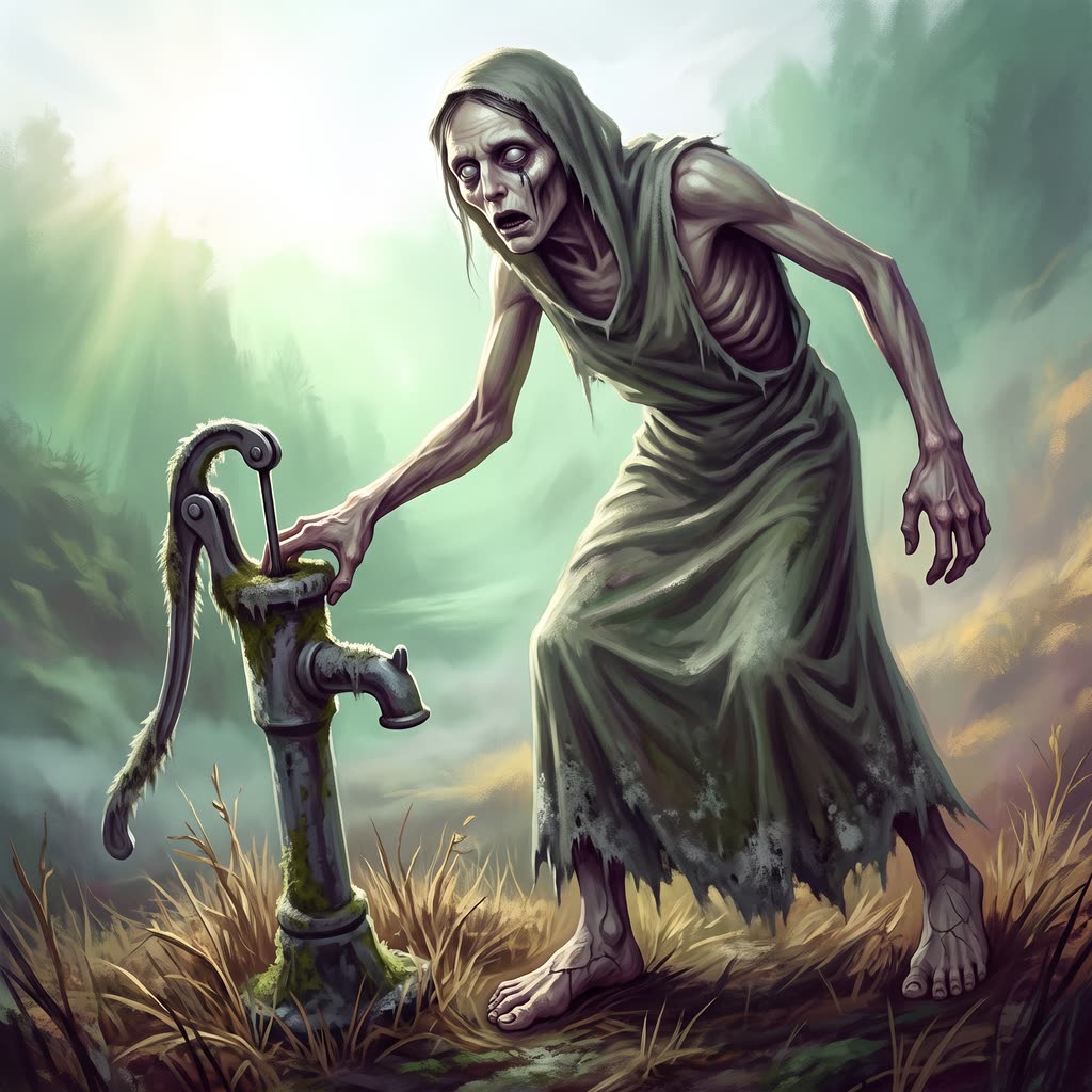 A gaunt, gray-sheeted woman with one clouded eye and a black tear track reaches toward a gray-furred village pump in hard.