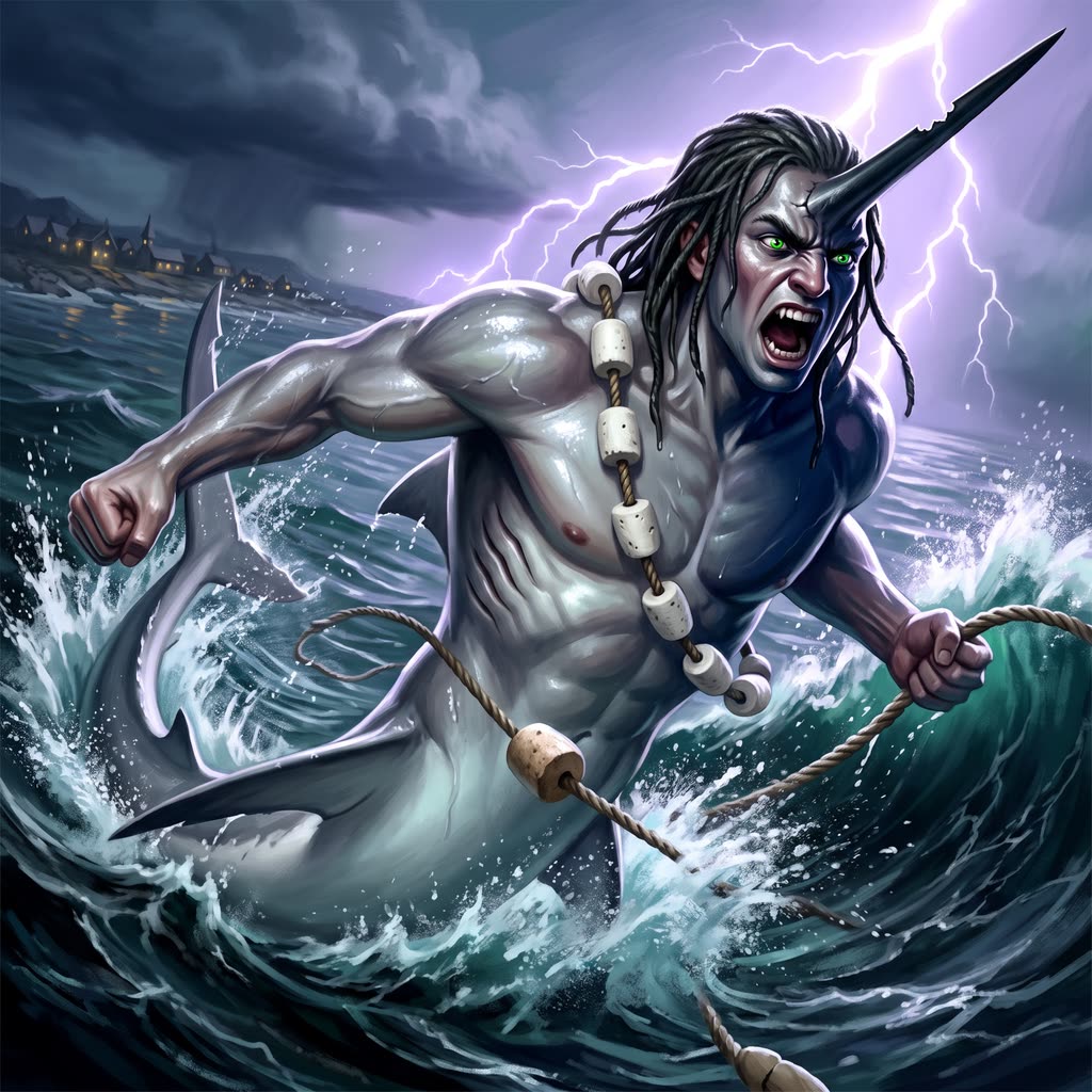A gray-skinned adaro with a notched swordfish bill bursts from a black wave in a lightning flash.
