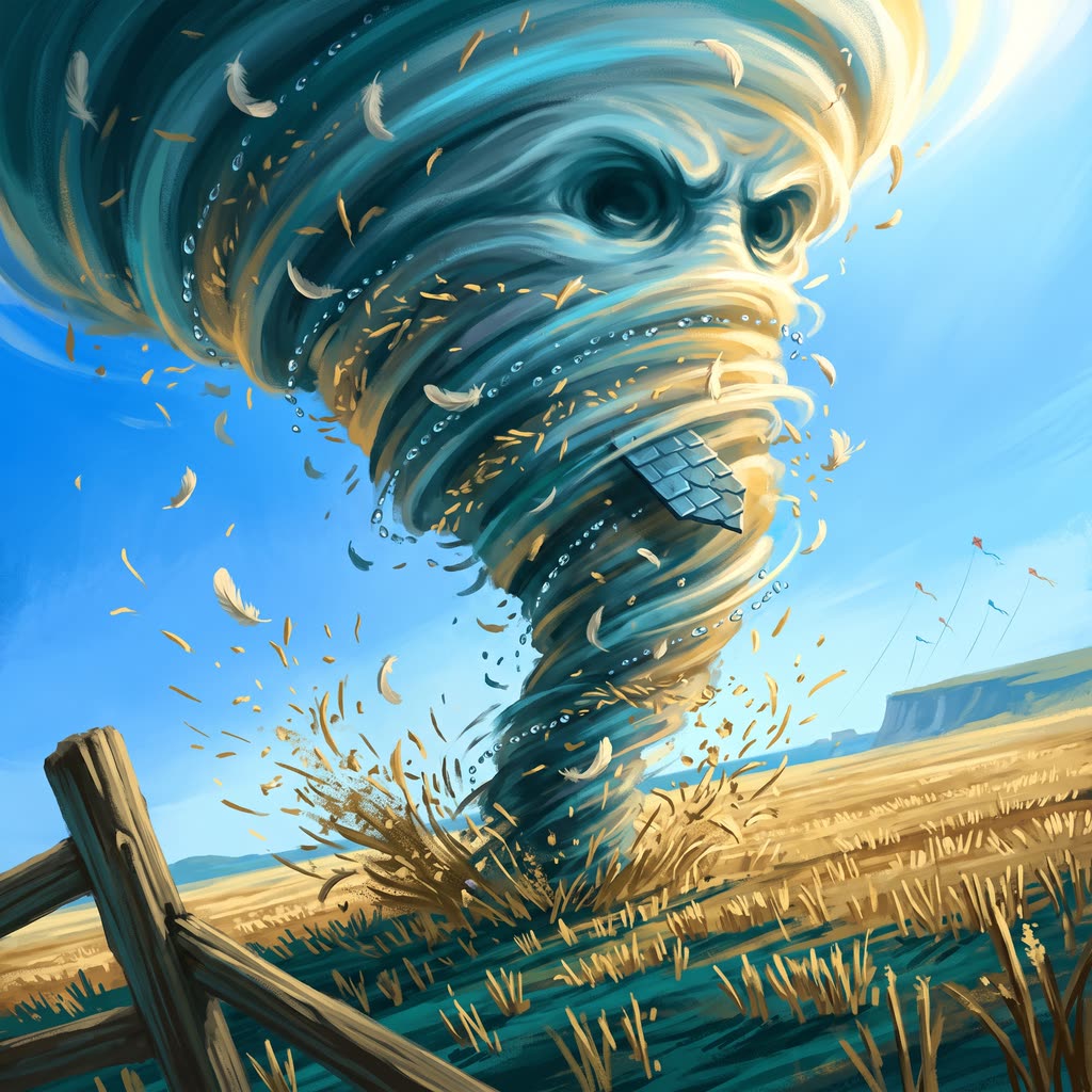 A tall funnel of spinning air flaring wide at the top surges across a stubble field in hard noon sun.