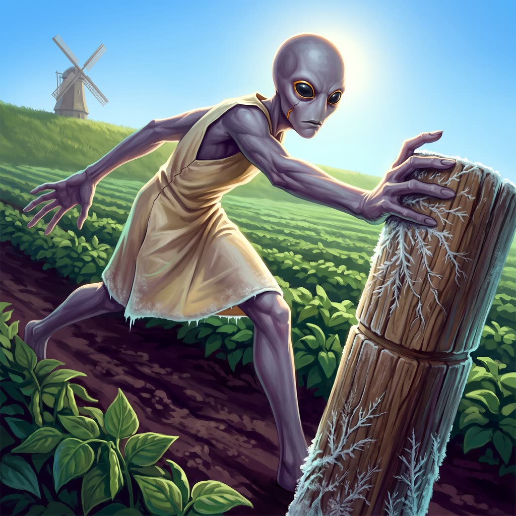 A tall slate-gray alien with an egg-shaped head and gold-ringed black eyes reaches one long seven-fingered hand toward.
