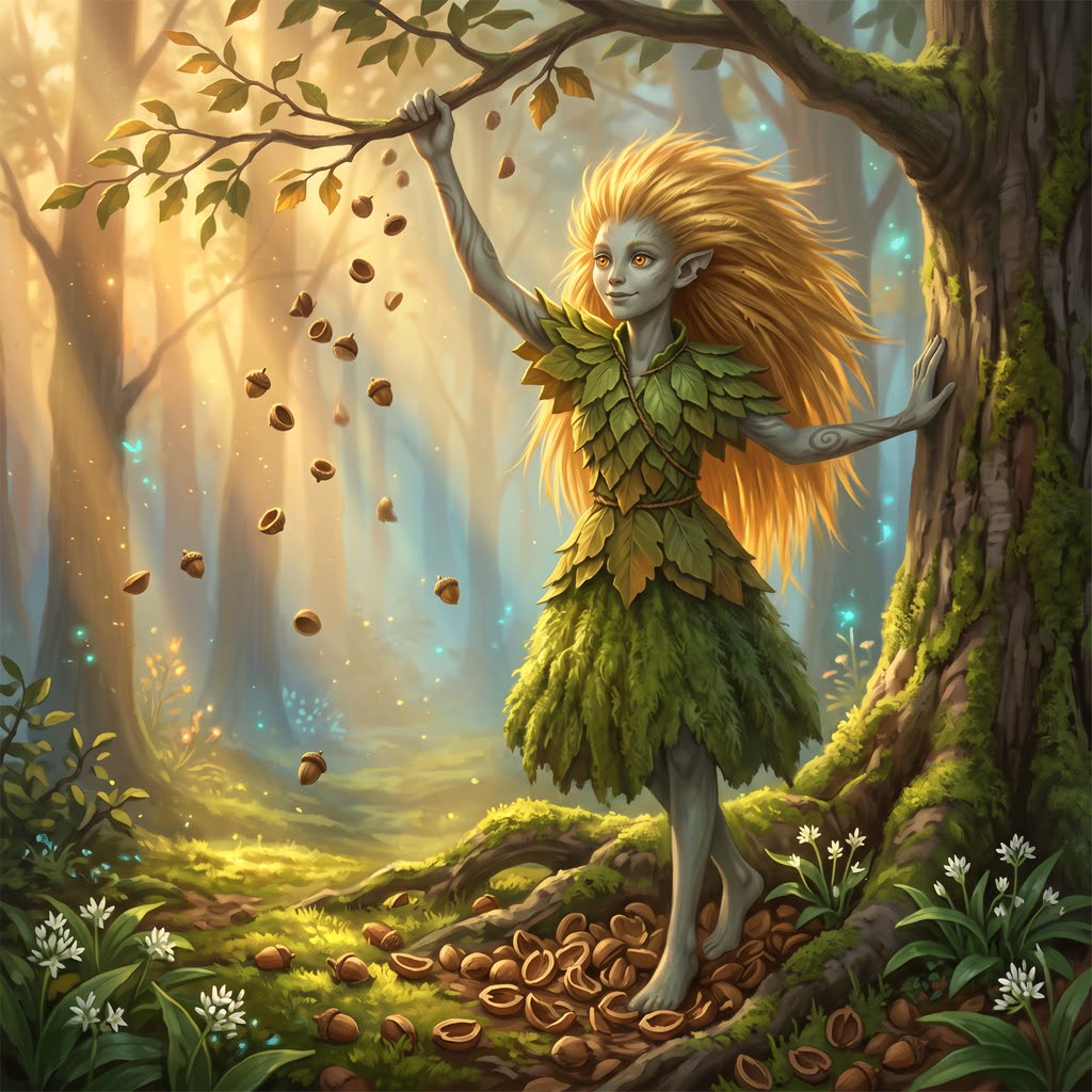 A slender gray-green grove nymph with golden sedge hair leans from a beech trunk, shaking acorn caps down in golden light.