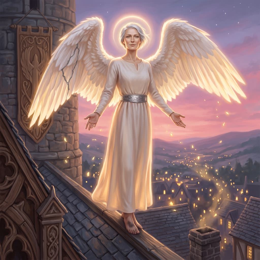 A radiant nine-foot angel with a golden halo stands on a church roof ridge at dusk, white wings spread above a lit valley.