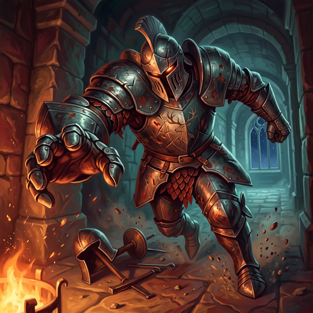 A black-iron suit of animated armor lunges toward the viewer down a stone corridor, one oversized gauntlet outstretched.