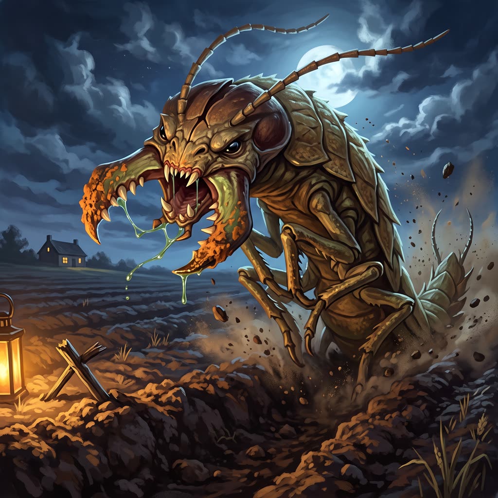 A twelve-foot ankheg bursts from a moonlit barley field, mandibles wide and green spit dripping.