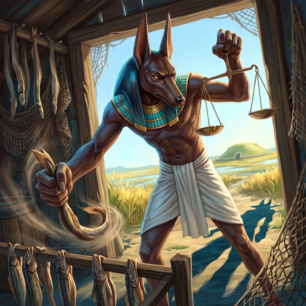 A seven-foot jackal-headed god in a linen kilt and turquoise collar leans through a marsh net-shed doorway.