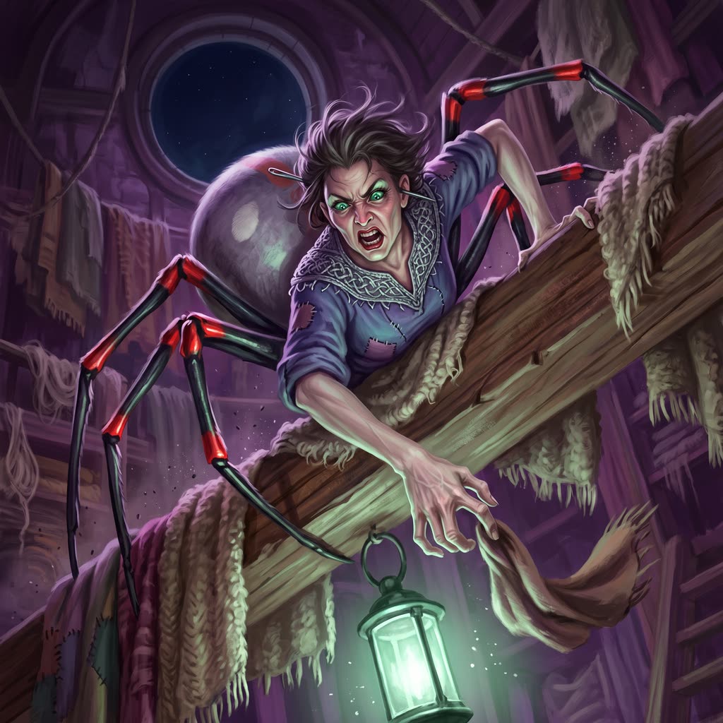 A spider-woman with a human head and torso on a gray-violet spider body lunges head first down a rafter.