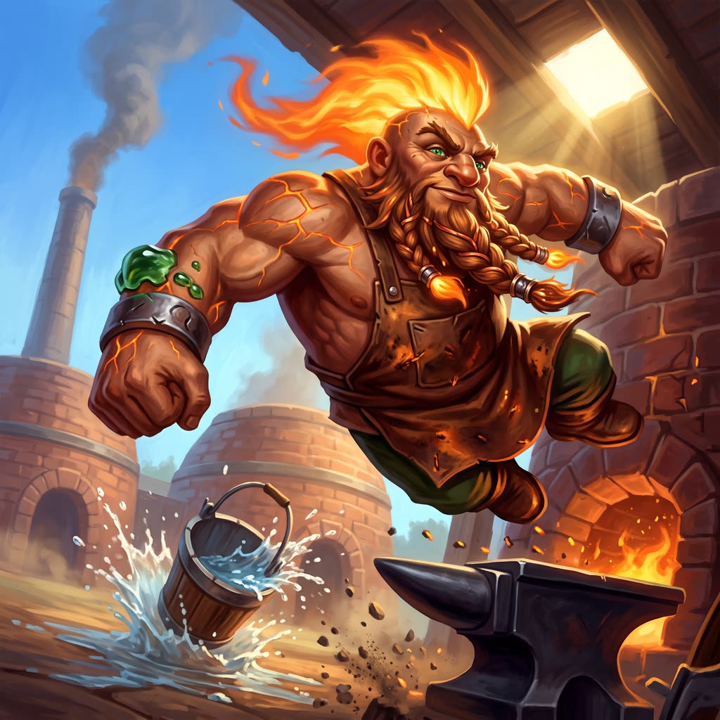 A bronze, flame-crested azer in a scorched leather apron leaps off a kiln wall in hard noon sunlight.