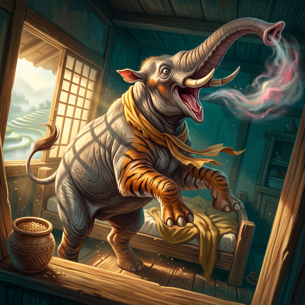 A striped, trunked baku rears up beside a window in morning sun, inhaling a drifting wisp of dream with its mouth open.