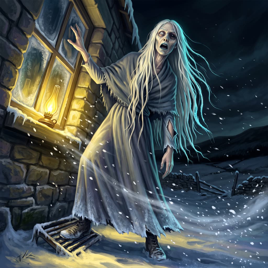 A tall gray banshee with white hair to her knees rises beside a lit cottage window, one hand raised toward frosted glass.
