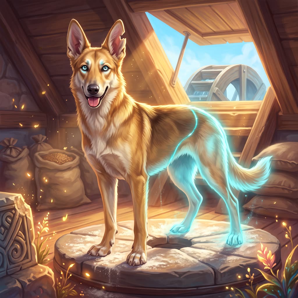 A tawny blink dog with a V-notched ear stands on a flour-dusted millstone as its hind legs flicker into cyan light.