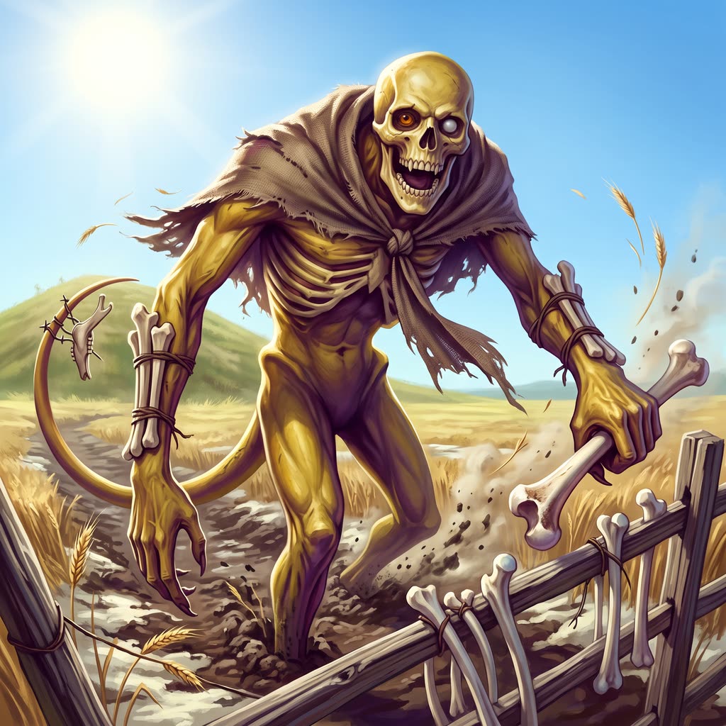 A gaunt seven-foot bone devil with yellow hide drawn over its ribs rises from a thawed furrow.