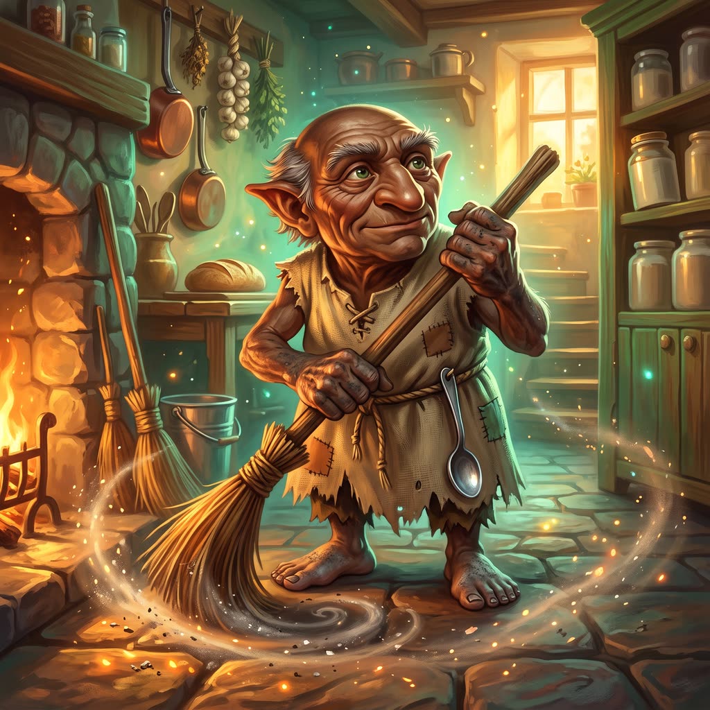 A squat walnut-faced brownie sweeps hearth ash into a spiral in a warm, firelit farmhouse kitchen at dawn.