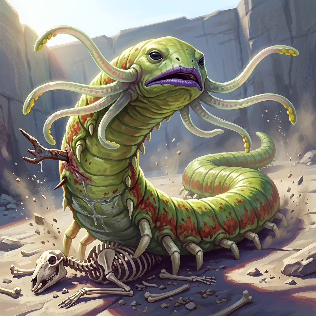 A twelve-foot pale green carrion crawler rises from a sheep's skeleton on a sunlit quarry slab.
