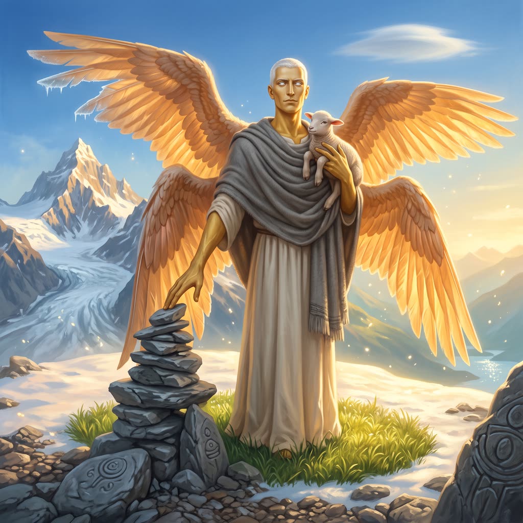 A nine-foot golden-skinned celestial with amber wings cradles a lamb beside a slate cairn on a sunlit snow plateau.