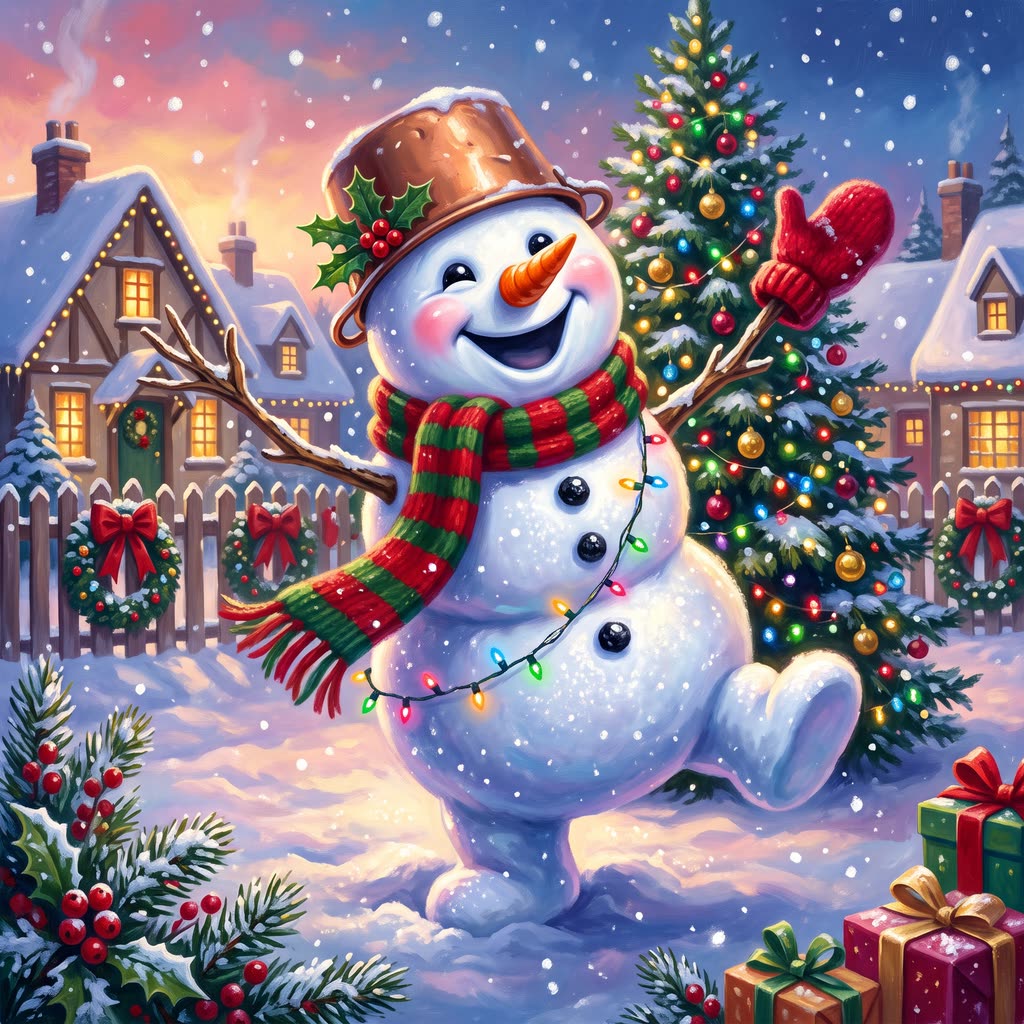 A five-foot snowman in a holly-sprigged copper pot hat and red scarf dances on a snowy village green beside a glowing tree.