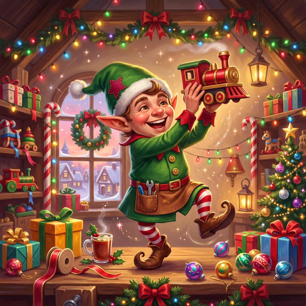 A cheerful three-foot elf in a green star-patched hat dances on a workbench holding a red toy train in a lit loft.