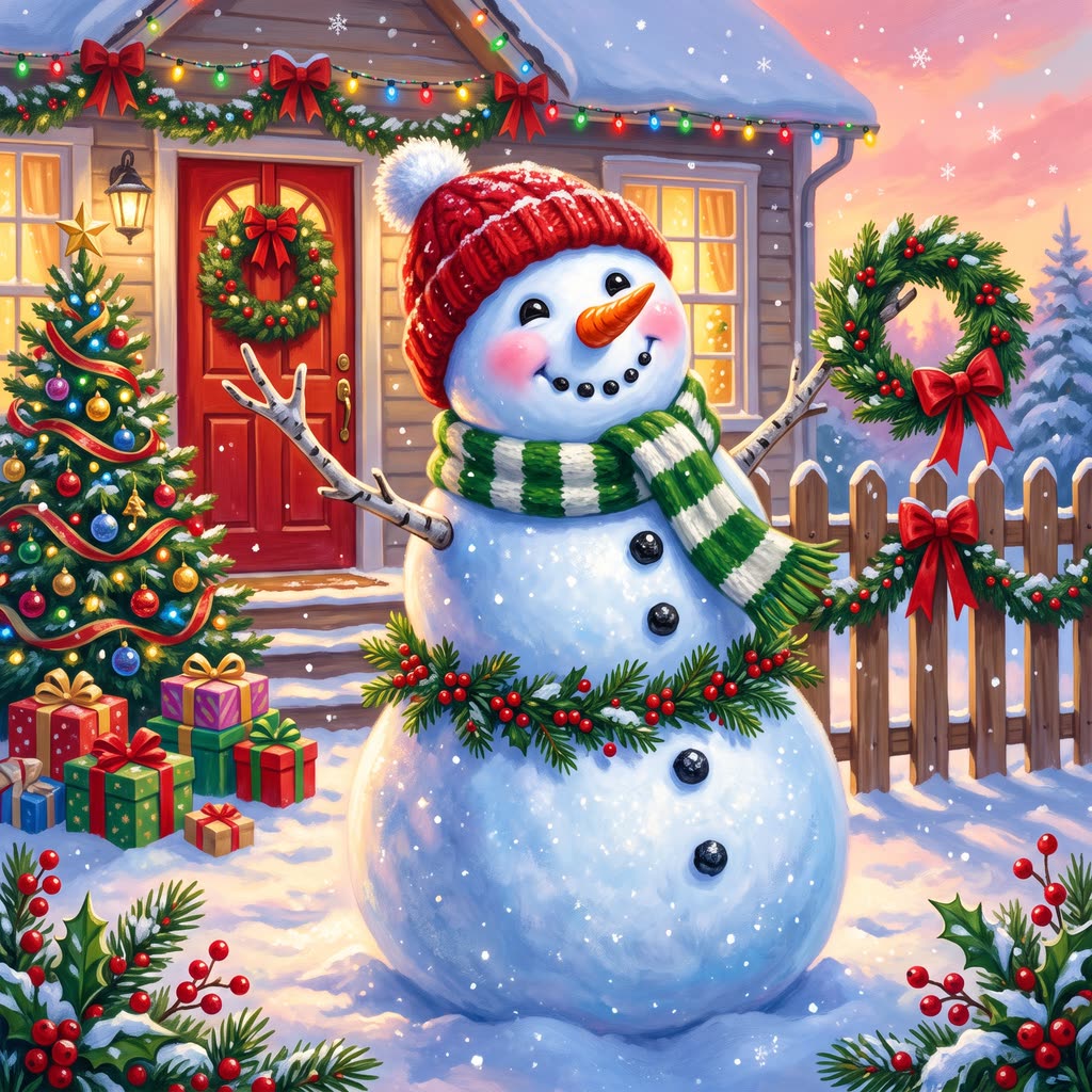 A jolly snowwoman in a red pompom hat waves and holds up a wreath beside a farmhouse door strung with lights.
