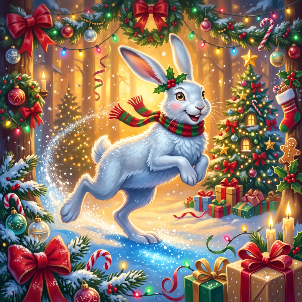 A hound-sized white hare in a red-and-green scarf bounds through sparkling snow past a spruce hung with ornaments.