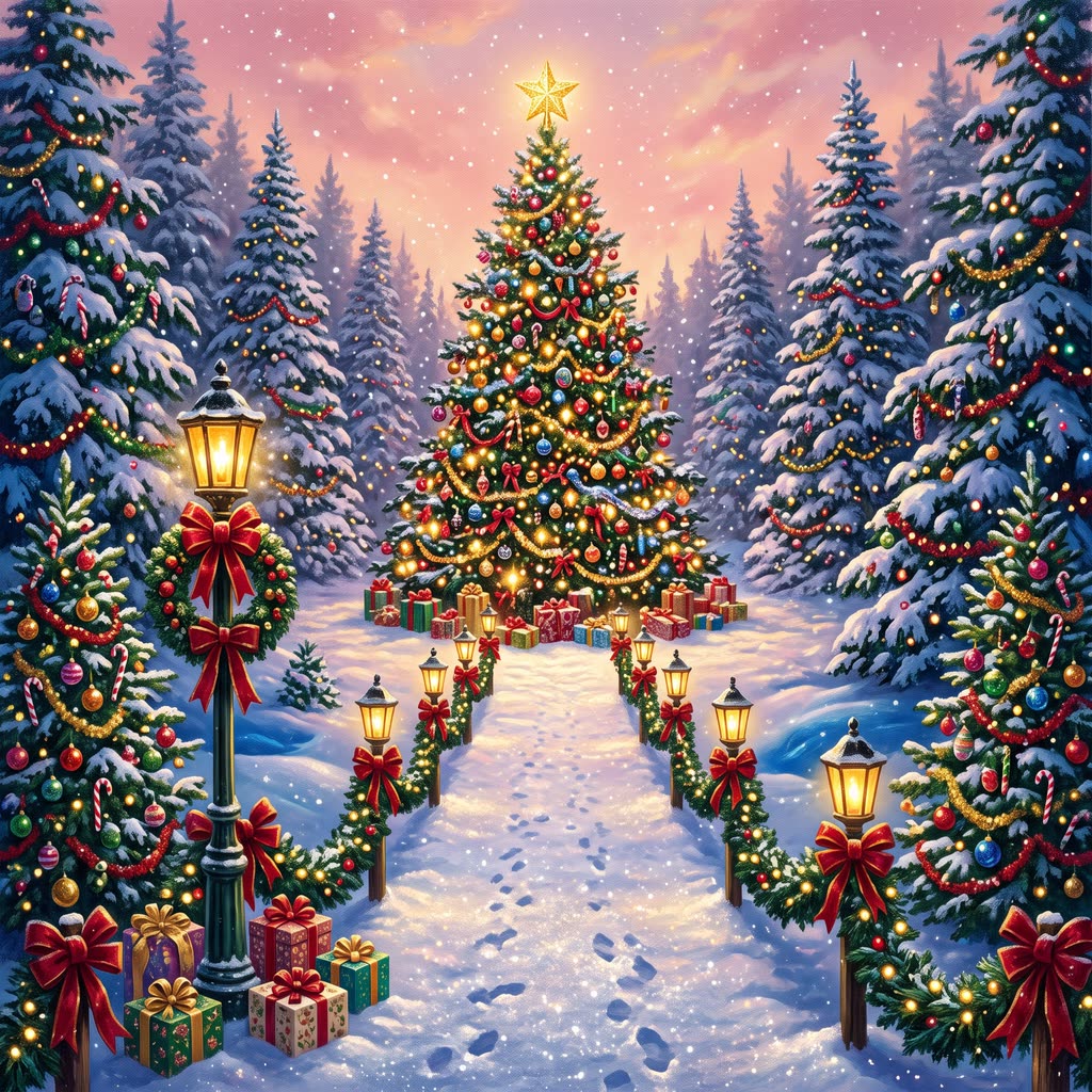 A lantern-lined lane through a snowy spruce forest leads to a great fir glowing with lights and a gold star.