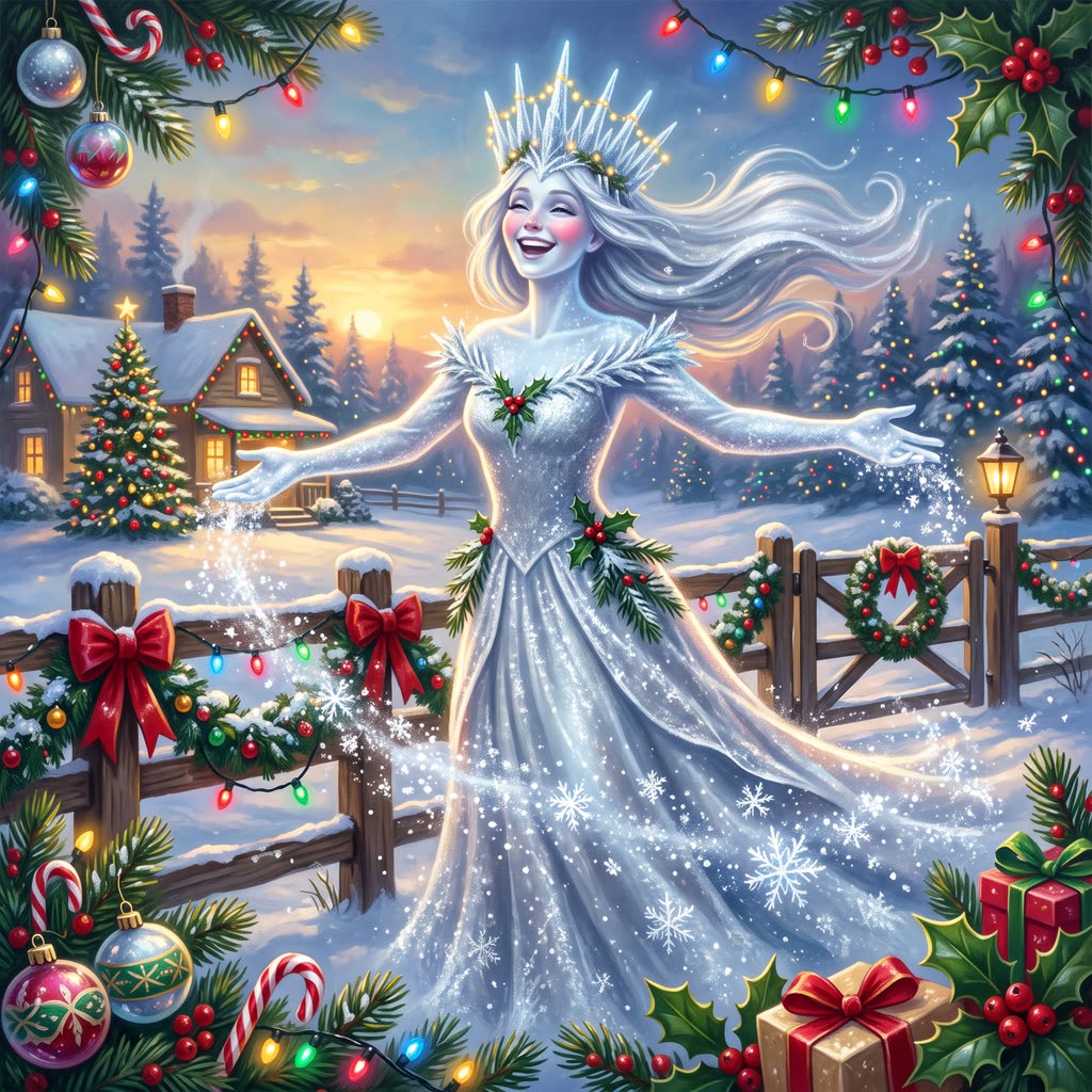 A radiant, smiling winter spirit of sparkling frost in an icicle crown scatters snowflakes over a garlanded fence.