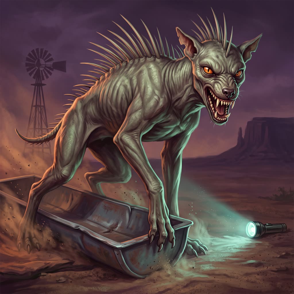 A gaunt gray-green chupacabra with a notched left ear rises from behind an overturned feed trough.