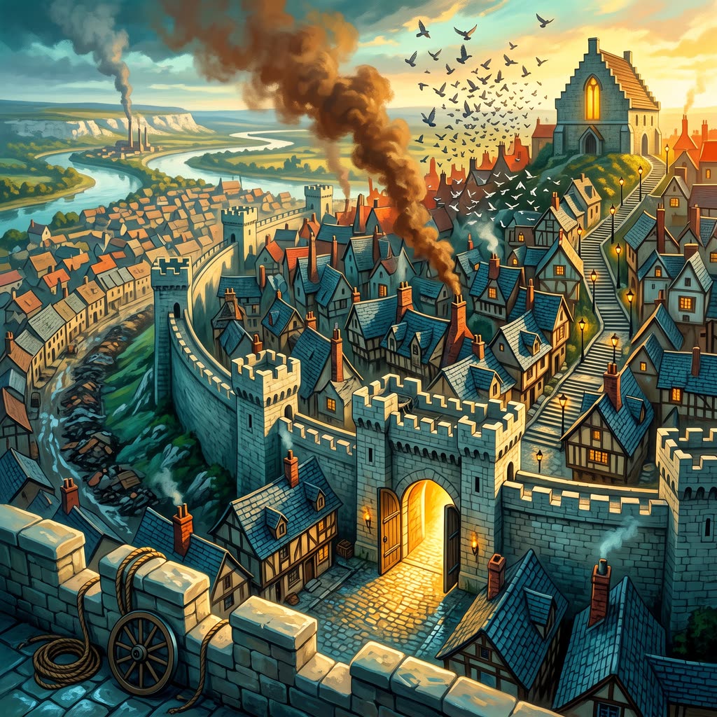 A wedge-shaped walled city on a limestone hill at dusk.