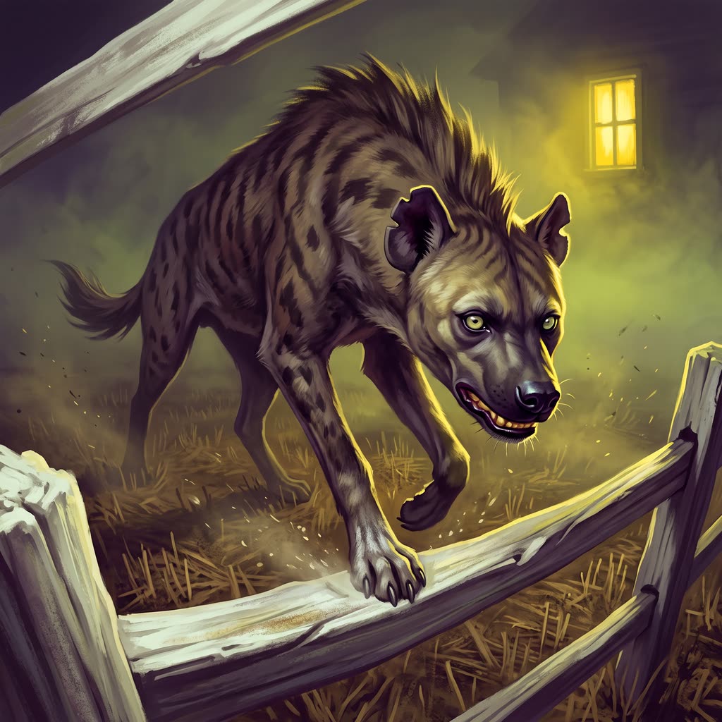 A mastiff-sized crocotta with a sloped hyena back and a bone ridge for teeth creeps along a whitened fence rail at night.