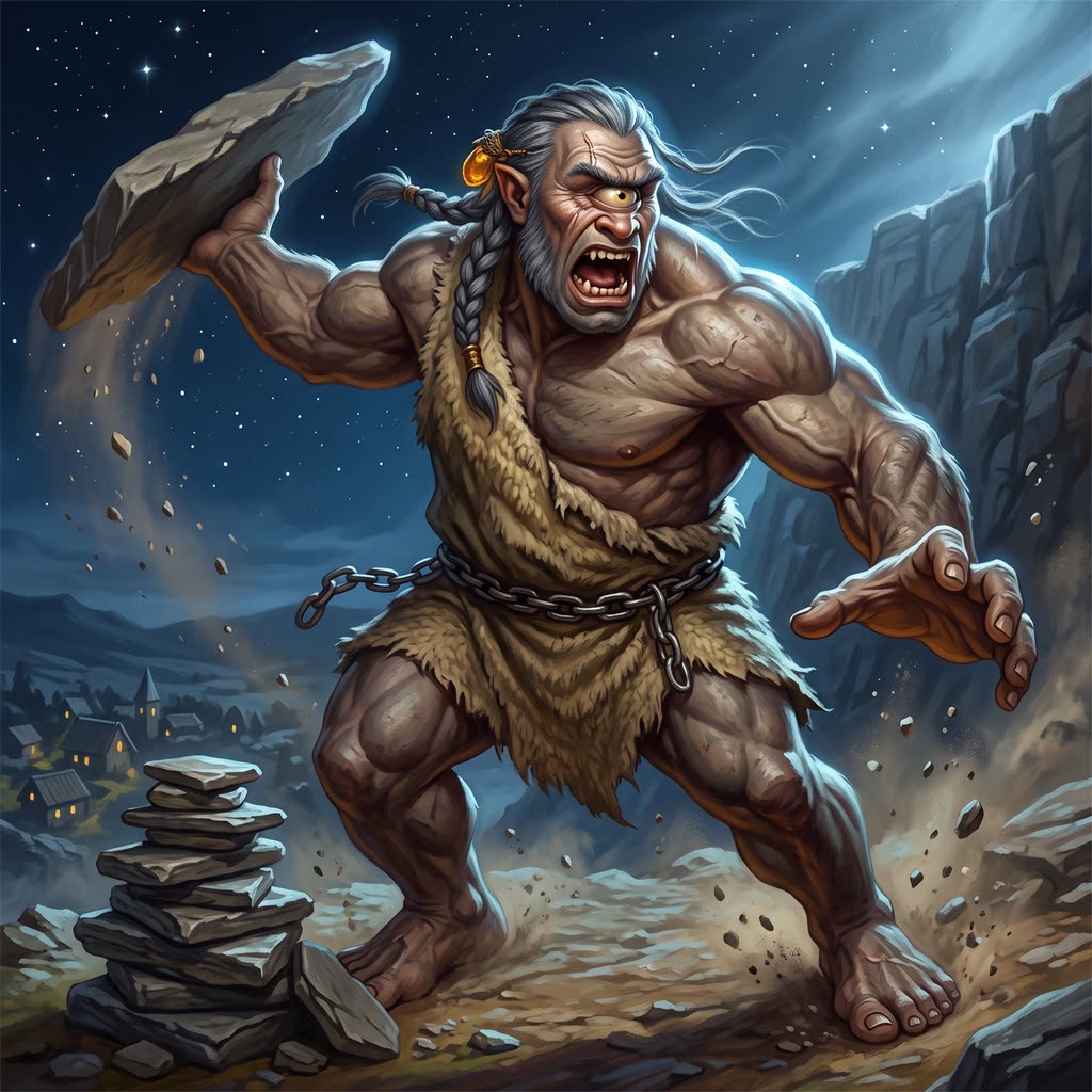 A gray-skinned one-eyed giant in a belted sheepskin hurls a flat stone slab overhand in a moonlit quarry, roaring.
