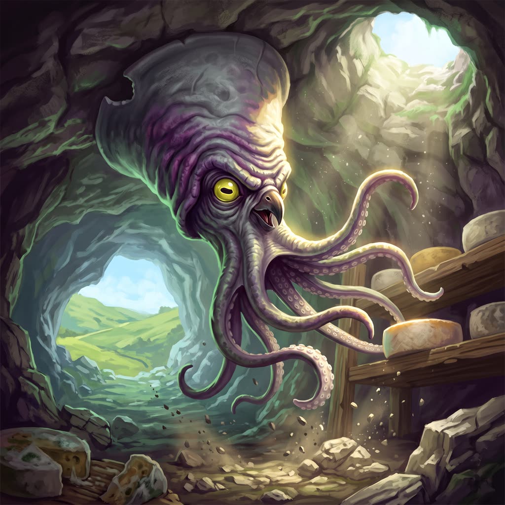 A gray, wrinkled darkmantle hangs head-down from a limestone cave roof.