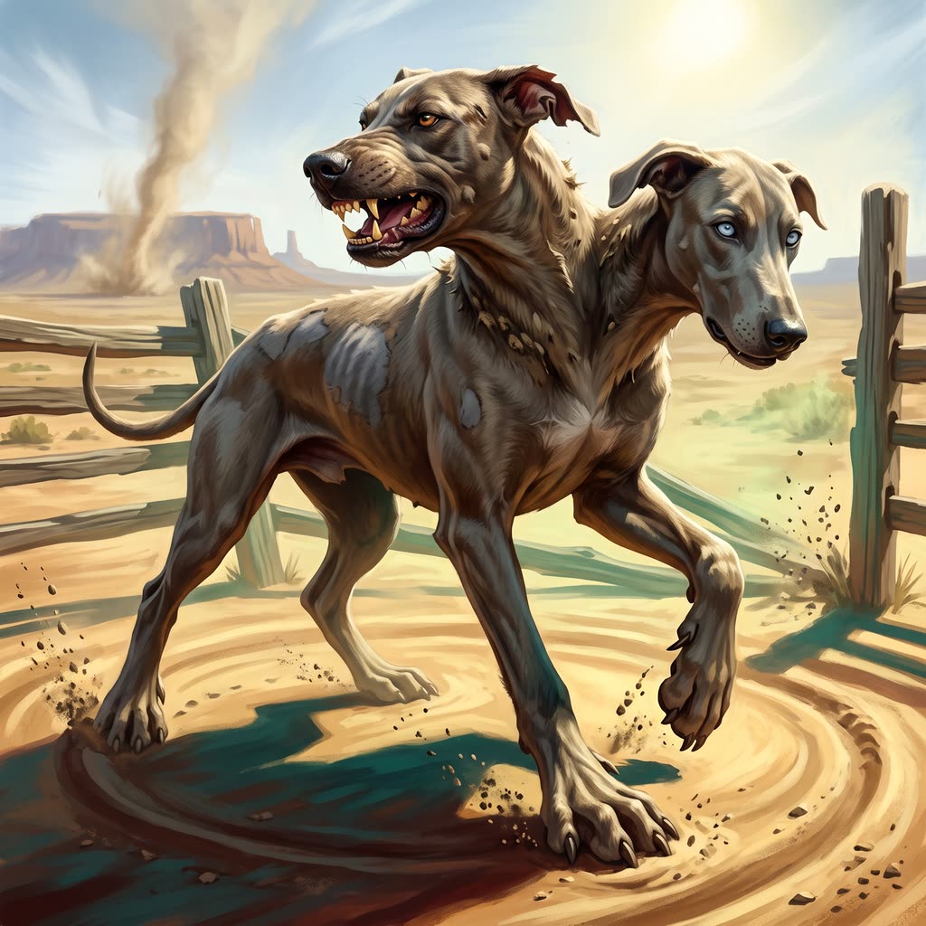 A gray-brown two-headed hound creeps across a ring of raked sand toward a goat gate under hard noon sun.