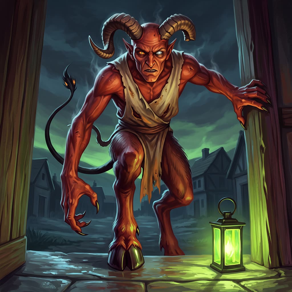 A seven-foot brick-red demon with forward-curving horns looms over a wet doorstep in acid-green lantern light.
