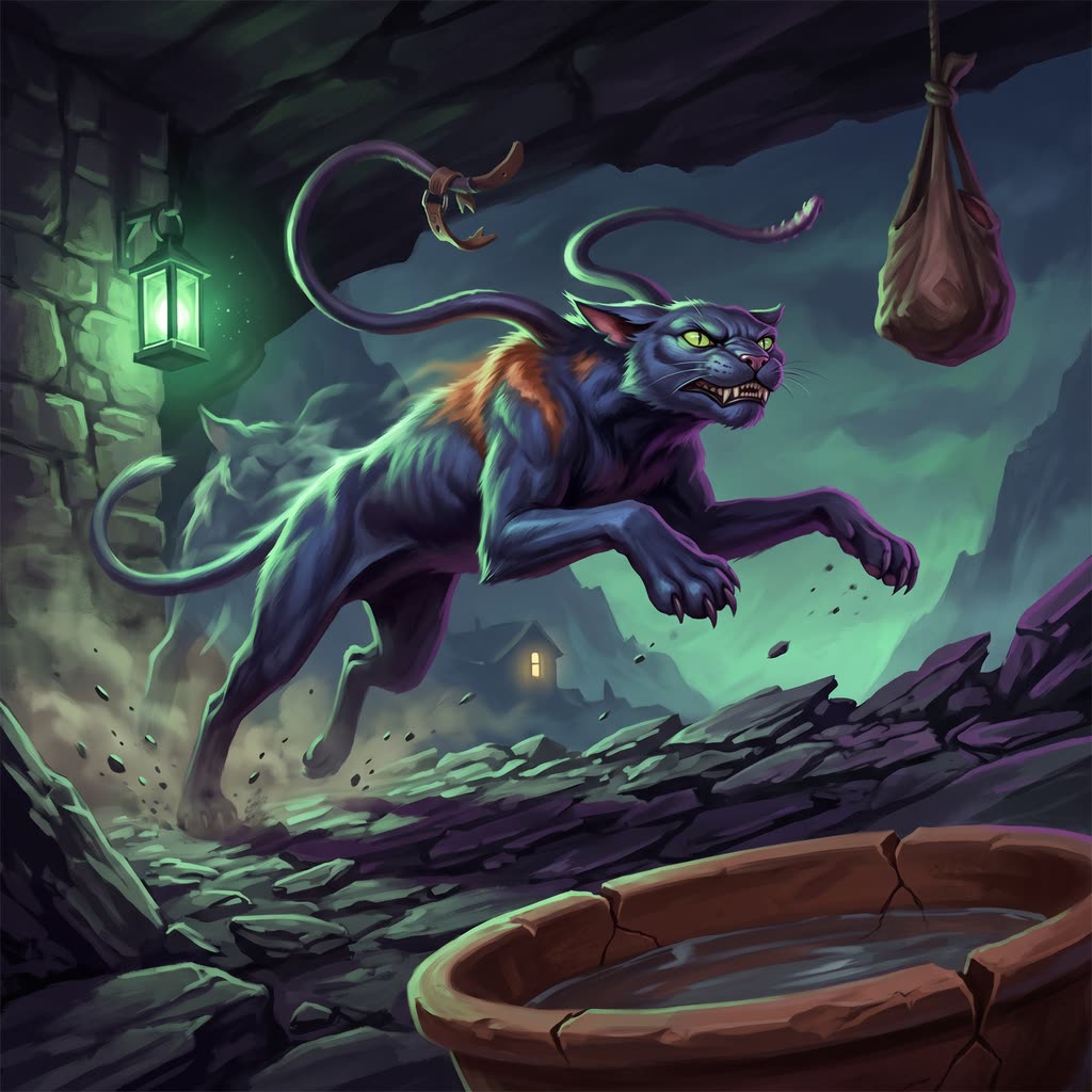 A blue-black displacer beast with two shoulder tentacles leaps from a slate ledge toward a hanging sack of salted meat.