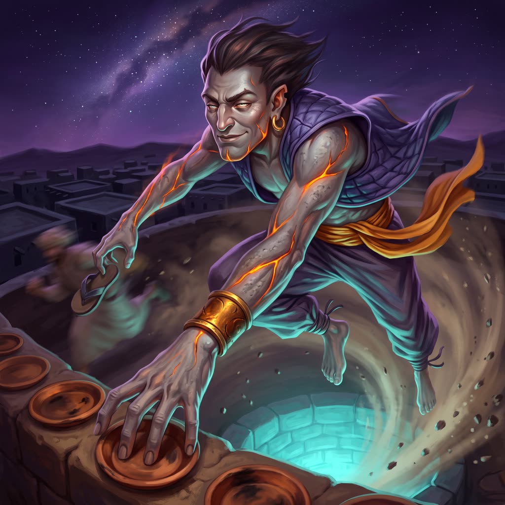 A tall ash-gray djinn with glowing orange seams lunges out of a spinning dust column to snatch a left sandal from a running.