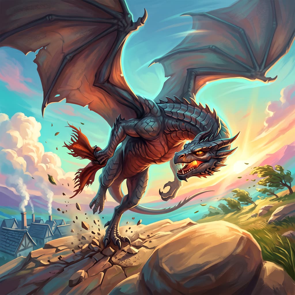 A charcoal dragon with a red belly rears up on a boulder at sunset, torn wings half open.