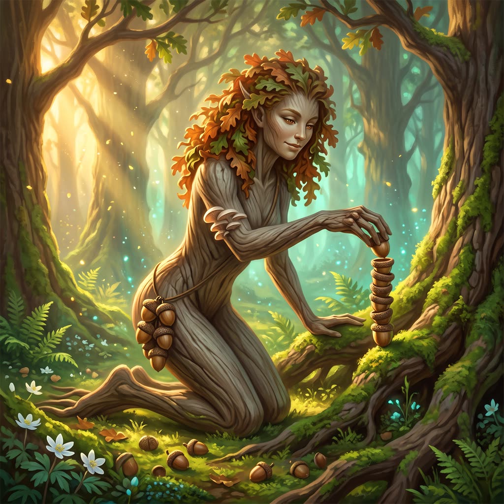 A graceful dryad of oak-bark skin kneels in a golden grove, setting the last acorn husk on a neat stack by a mossy root.