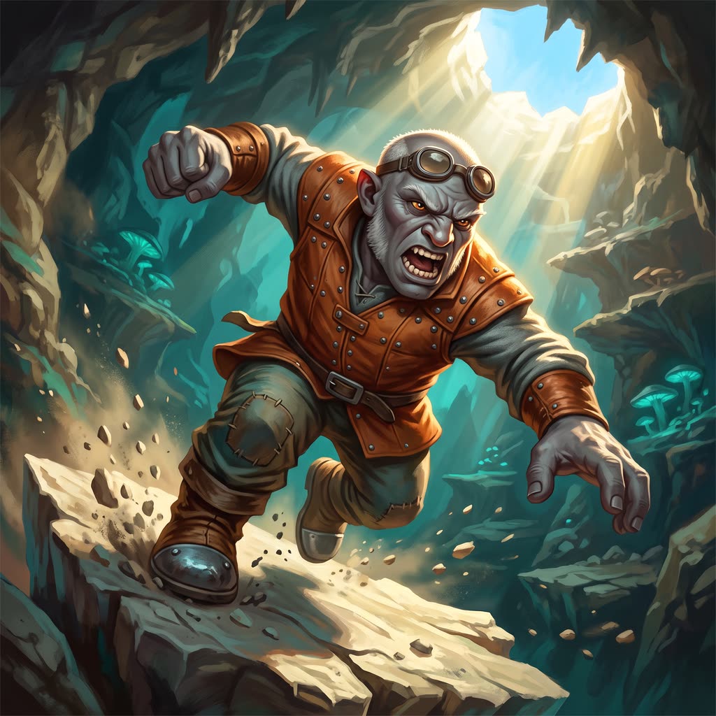 A stocky ash-gray duergar in a rust-orange riveted leather jerkin lunges off a split limestone slab in a shaft of noon sun.