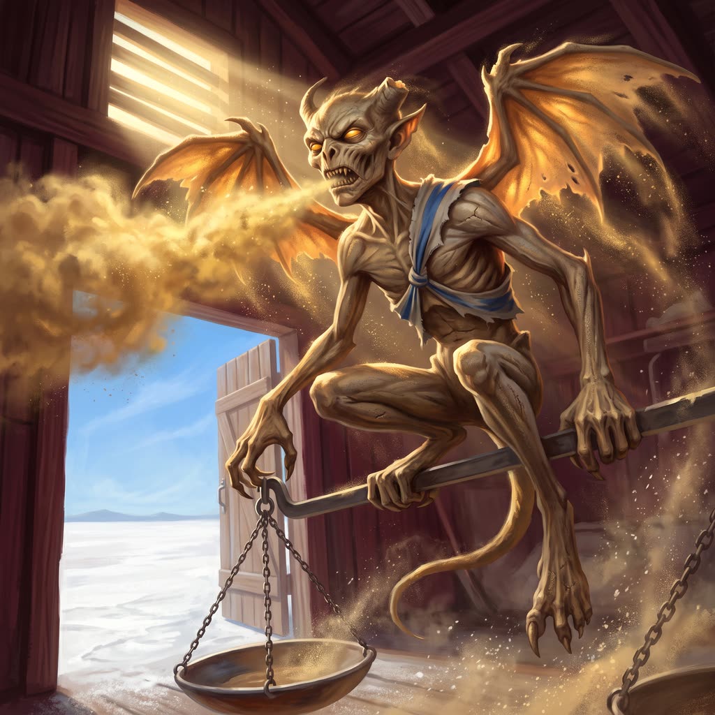 A gray, grit-skinned dust mephit perched on a scale beam in a sunlit salt shed.