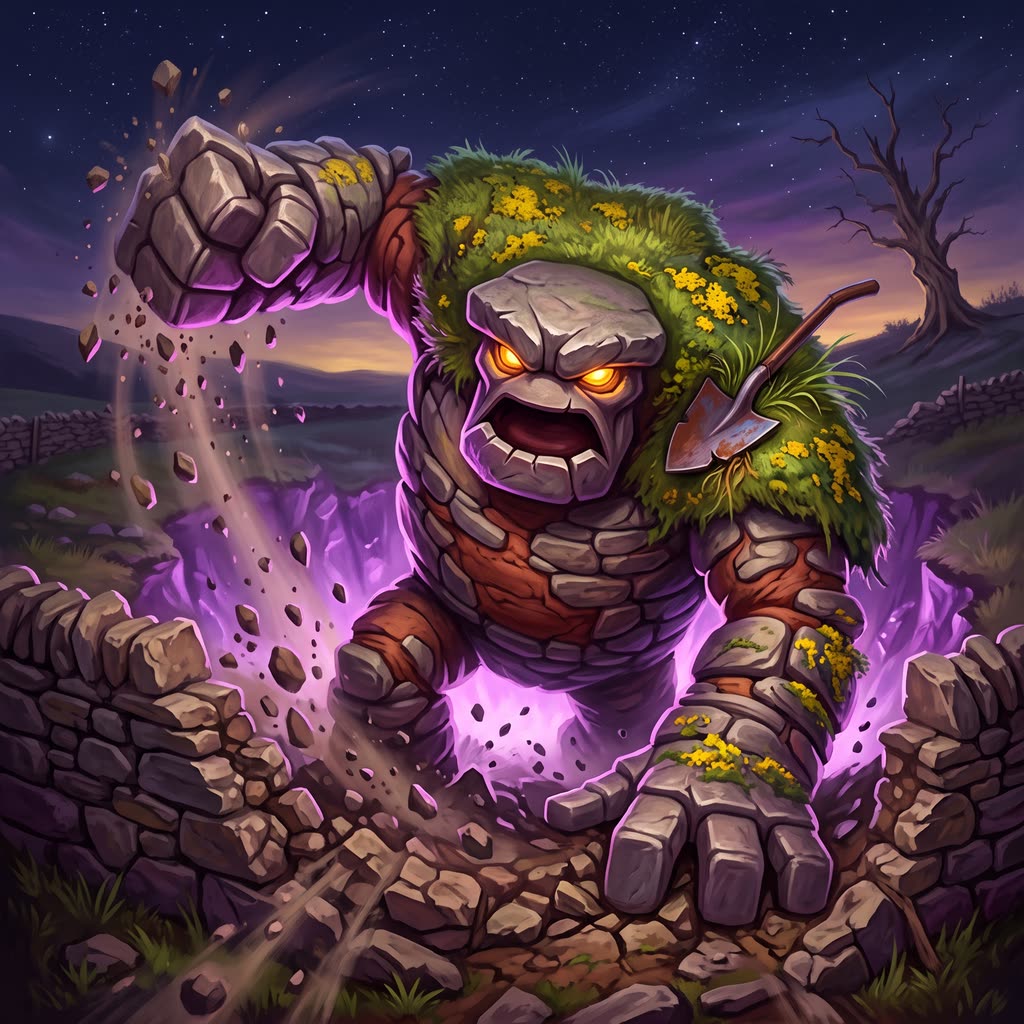 A nine-foot earth elemental of stacked fieldstone and clay bursts up through a drystone wall.
