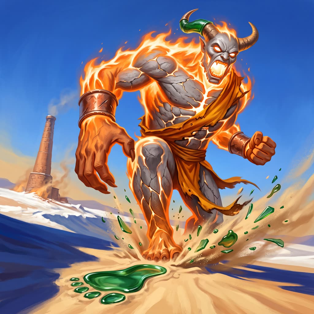 A towering efreet of white-orange flame and gray ash stamps its foot into dune sand under a hard noon sun.