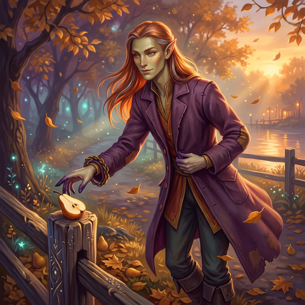 A tall copper-haired eladrin in a plum coat takes a cut pear from a fence post in a golden autumn orchard.