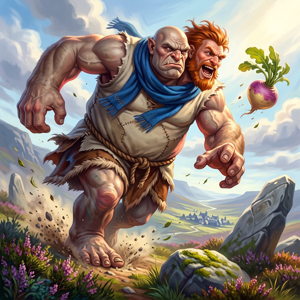 A fourteen-foot two-headed ettin in a wool tunic and blue scarf lunges across a sunlit moor, hurling a turnip.