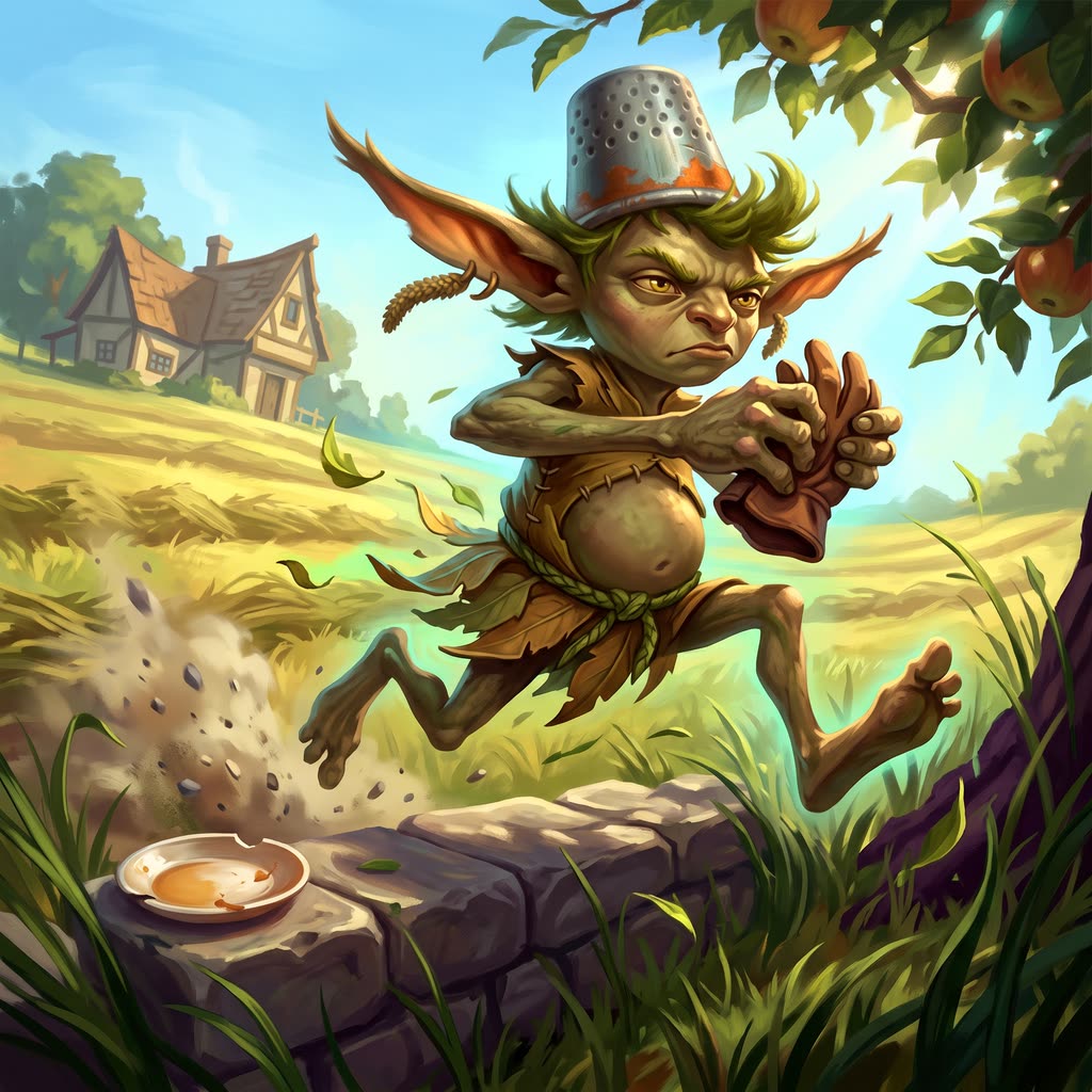 A small green-skinned fae in a willow-leaf tunic and a dented tin thimble hat leaps from a stone stile clutching a stolen.