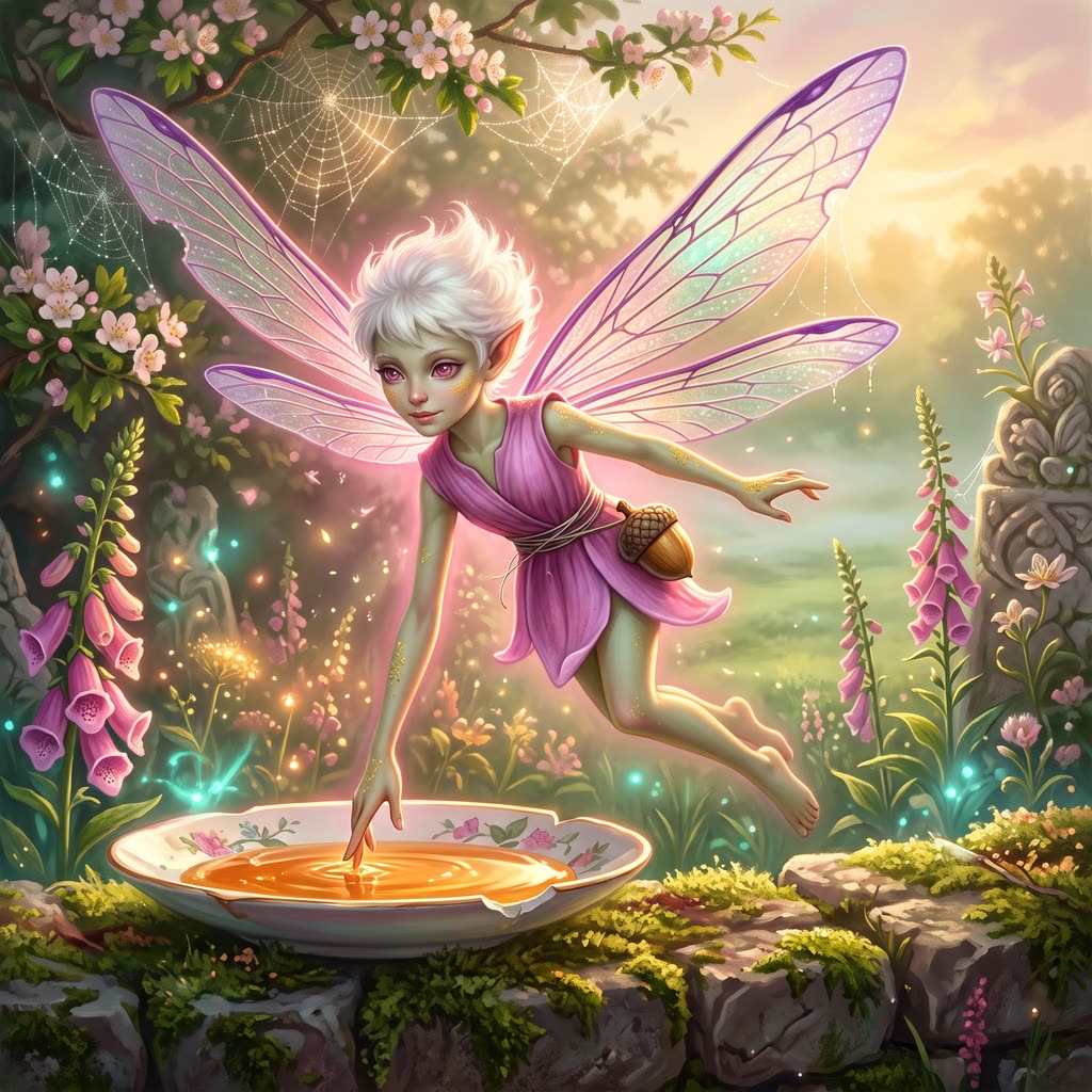 A slender, four-inch fairy with stained-glass wings hovers over a chipped saucer of honey on a mossy wall at dawn.