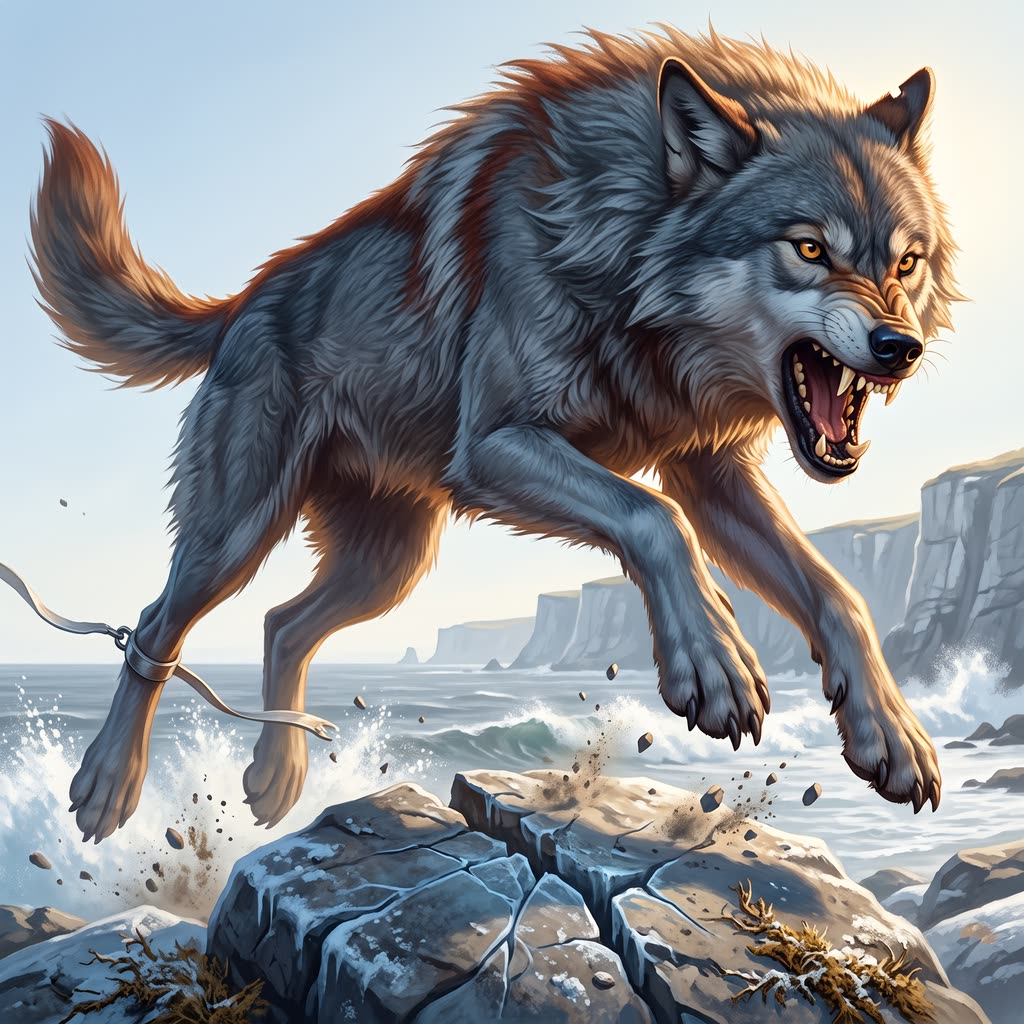 A huge slate-gray wolf with a rust streak lunges to the end of a thin pale chain, jaws open in a snarl.