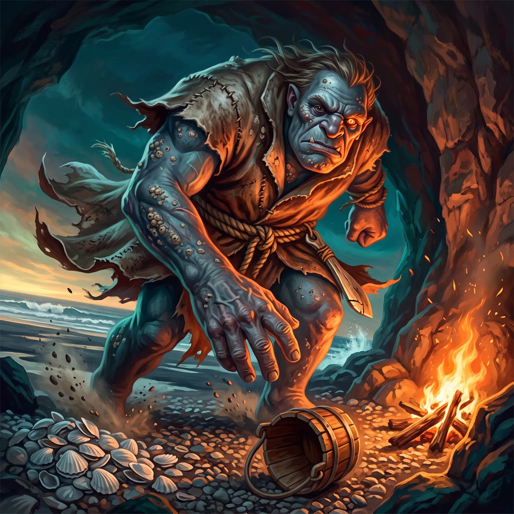A fourteen-foot slate-blue giant in a salt-stiff seal-hide coat lunges from a firelit sea cave toward an overturned bucket.