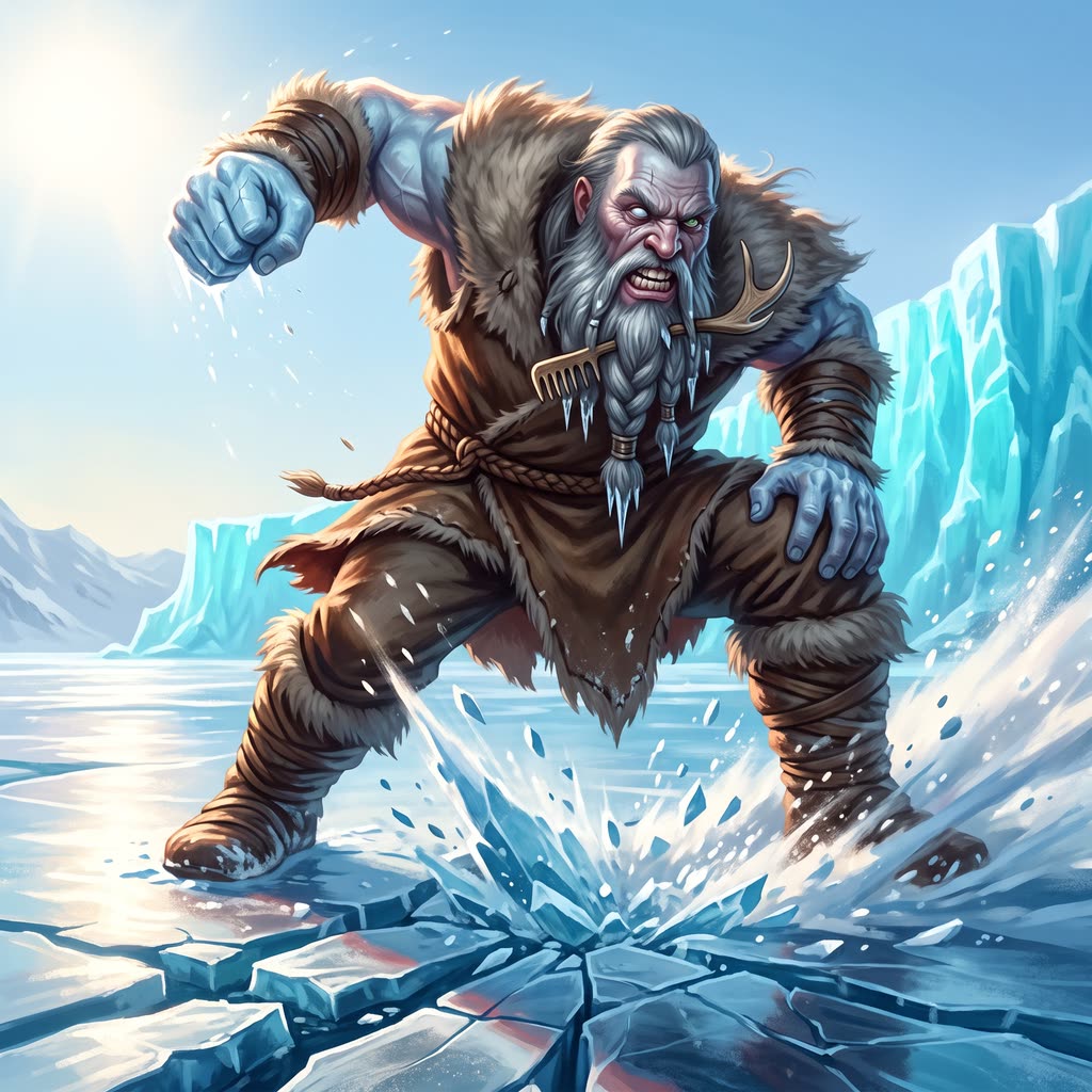 An eleven-foot frost giant in a goat-hide coat drives its fist through frozen lake ice, shards flying.