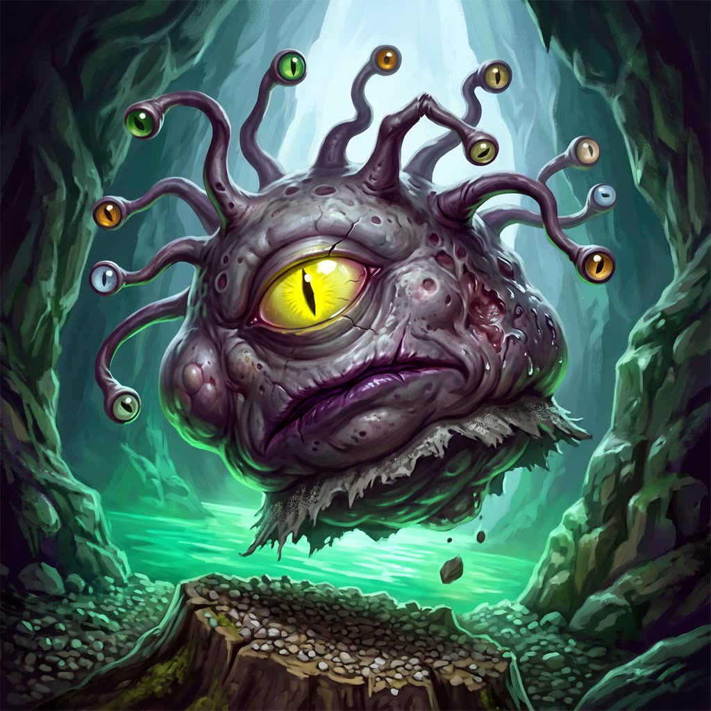 A bruised-violet gauth with ten eyestalks snaps toward the viewer over a gravel-strewn stump in a green-lit cave mouth.
