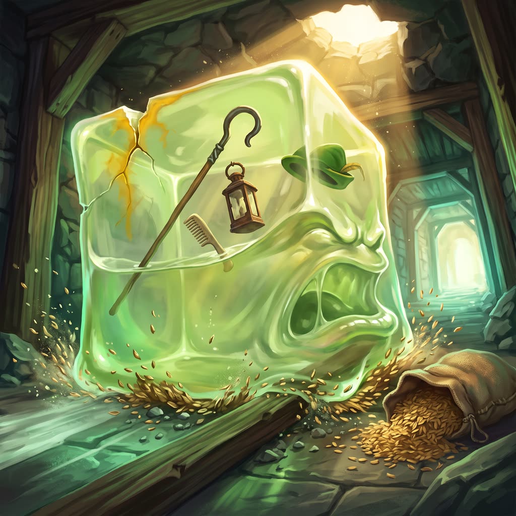 A clear lime-green gelatinous cube surging across a swept stone floor in a sunlit mine adit.