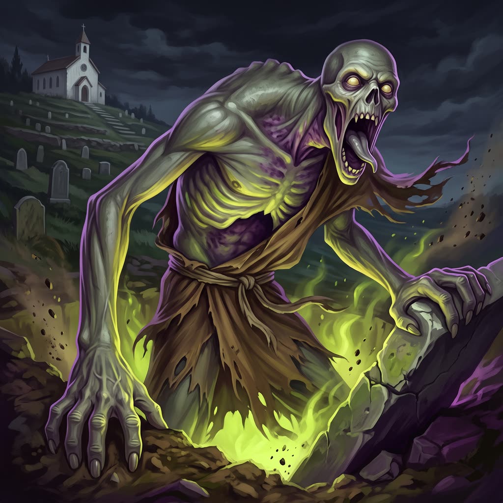 A gaunt gray-green ghast in a tattered burial shroud hauls itself out of an open grave, one hand on a broken slab.